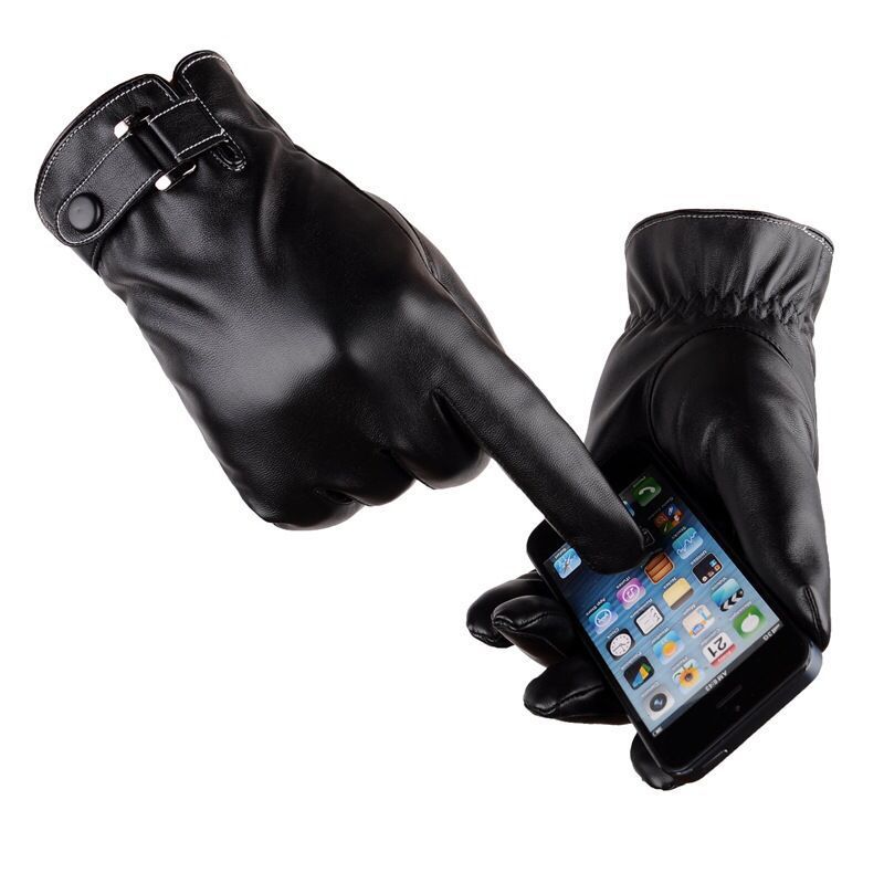Men's Winter Warm Cycling and Driving Fleece-Lined Leather Gloves Touch Screen Imitation Leathe
