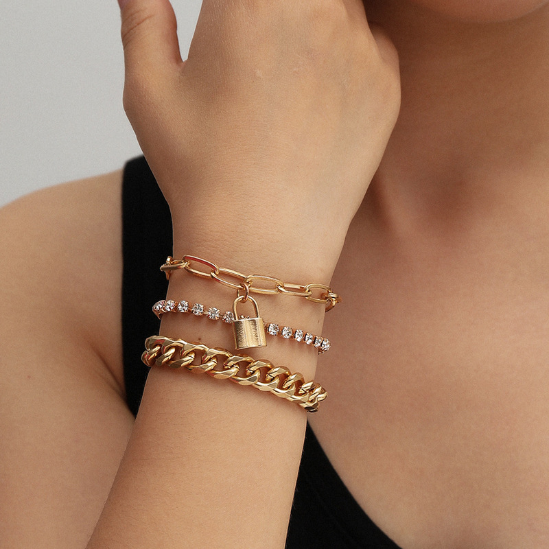 欧美跨境饰品 个性嘻哈粗链爪链钻手饰 时尚复古锁形混搭链条手链