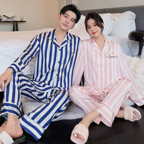 Autumn New Ice Silk Couple Pajamas Long Sleeve Two-Piece Set Simple Striped Casual Polo Collar Can Be Outerwear Homewear