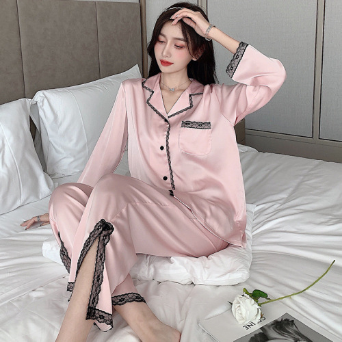 Autumn and Winter Pajamas Women‘s Ice Silk Long Sleeve Two-Piece Set New Lace Split Women‘s Sexy Home Clothes Can Be Worn outside