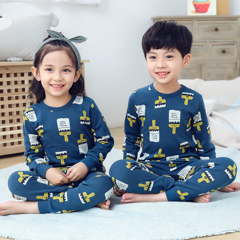 21秋季新款男童女童圆领卡通满印家居服套装棉睡衣儿童秋衣秋裤