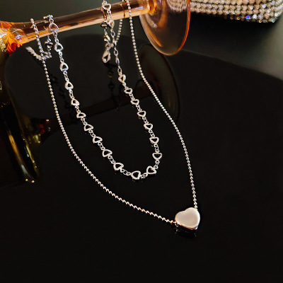 INS Trendy Same Style Silver Double Layers Loving Heart Pendant Necklace Hip Hop Fashion Unique Design Clavicle Chain Female