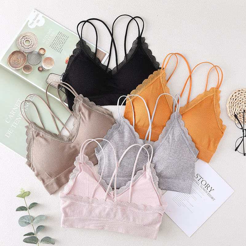 爆款无缝罗纹蕾丝裹胸细肩带交叉美背网红背心女带胸垫无钢圈内衣