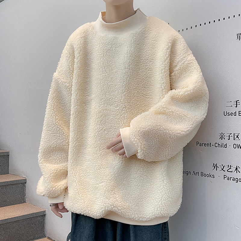 秋冬季羊羔绒圆领卫衣男新款套头港风潮流ins学生原宿风纯色上衣