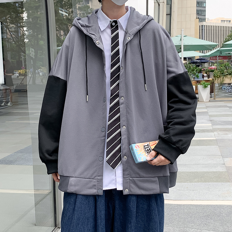 开衫卫衣男士连帽秋季潮牌高街ins港风衣服拼接韩版潮流宽松外套