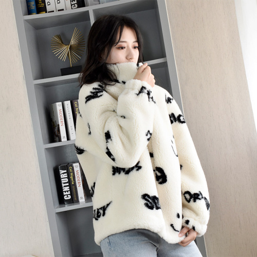 Spring and Autumn Smiley Letter Coat with Wool Ins Fashion Lamb Wool Lazy Wind Coat Fat mm Slimming Women‘s Clothing