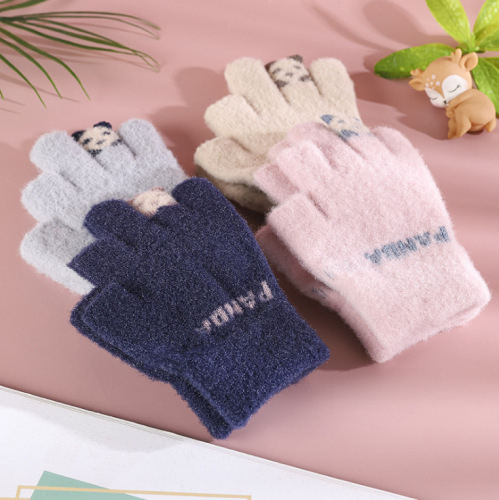 cute knitted bear gloves for students to write in autumn and winter warm finger thickening exposed two fingers wool children‘s gloves