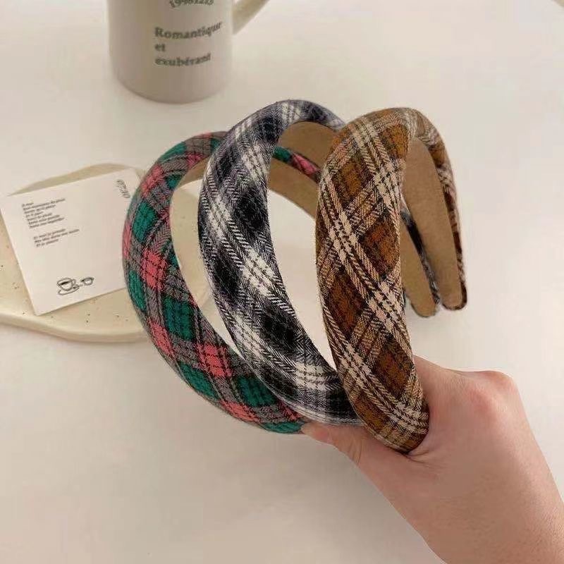 2021新款韩版ins复古气质格子发箍百搭学院风颅顶海绵宽边头箍