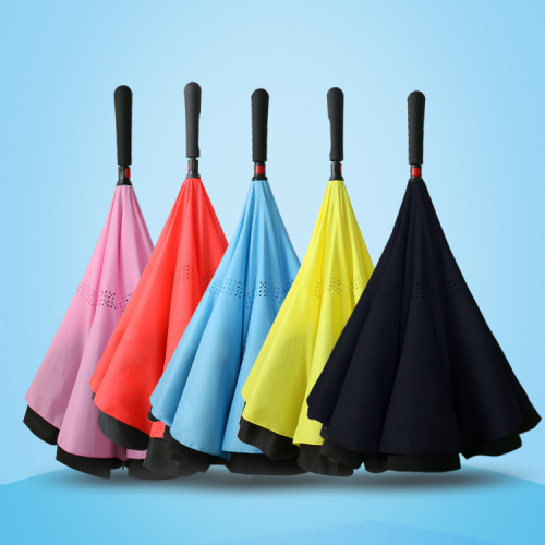 Creative Straight Handle Reverse Umbrella Straight Handle Double Layer Stand-Able Car Umbrella Rain Dual-Use Men‘s and Women‘s Umbrella Wholesale Custom Logo