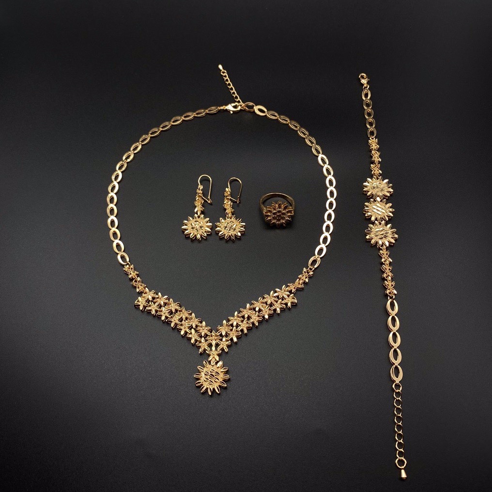 迪拜中东电镀18K香槟色首饰套装女式结婚项链戒指手链耳环四件套