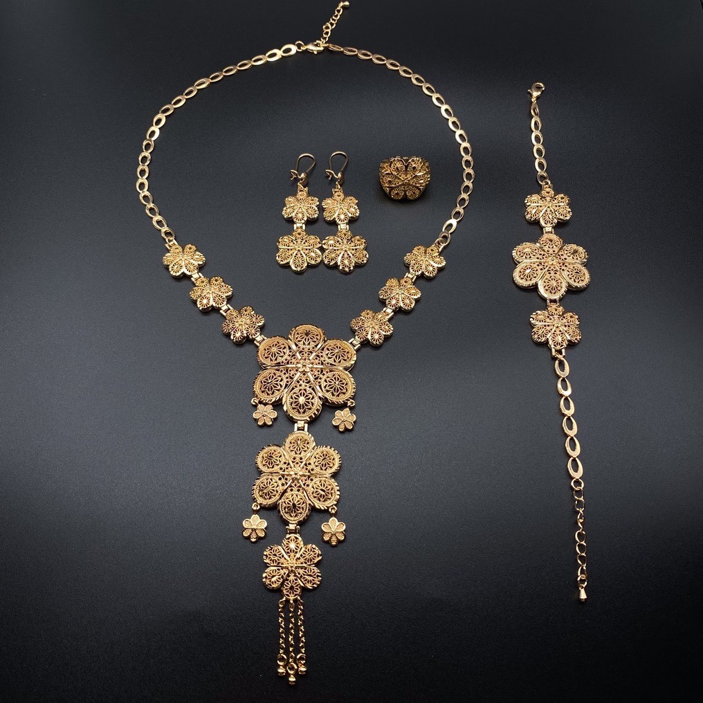 迪拜中东电镀18K香槟色首饰套装女式结婚项链戒指手链耳环四件套