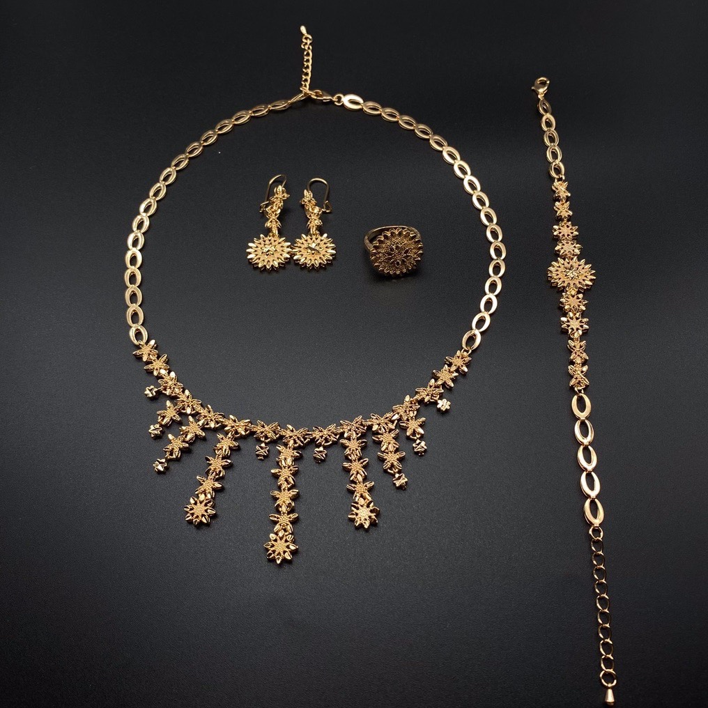 迪拜中东电镀18K香槟色首饰套装女式结婚项链戒指手链耳环四件套