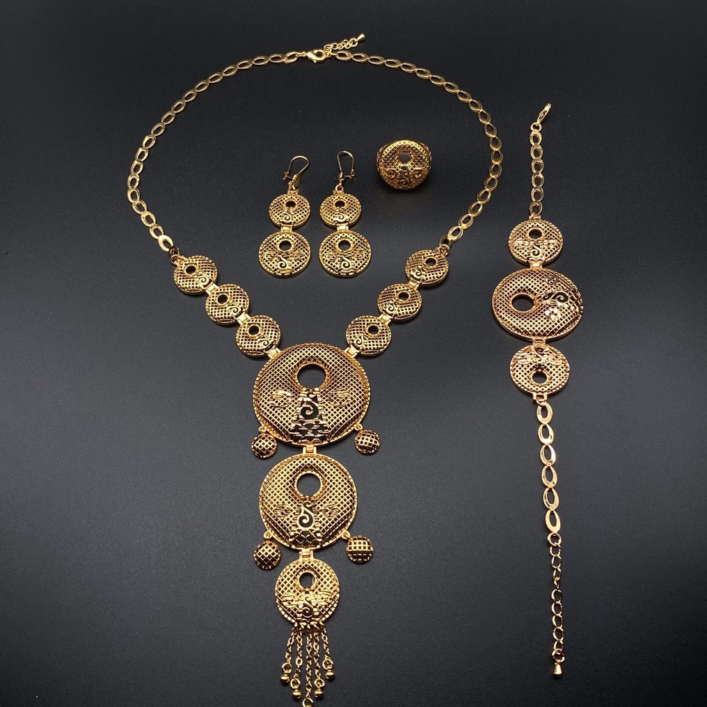 迪拜中东电镀18K香槟色首饰套装女式结婚项链戒指手链耳环四件套