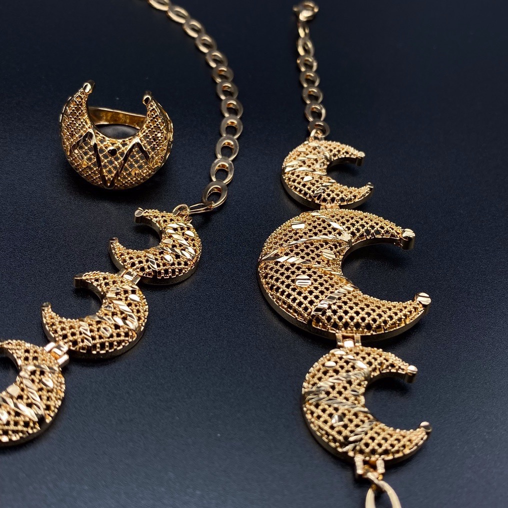 迪拜中东电镀18K香槟色首饰套装女式结婚项链戒指手链耳环四件套