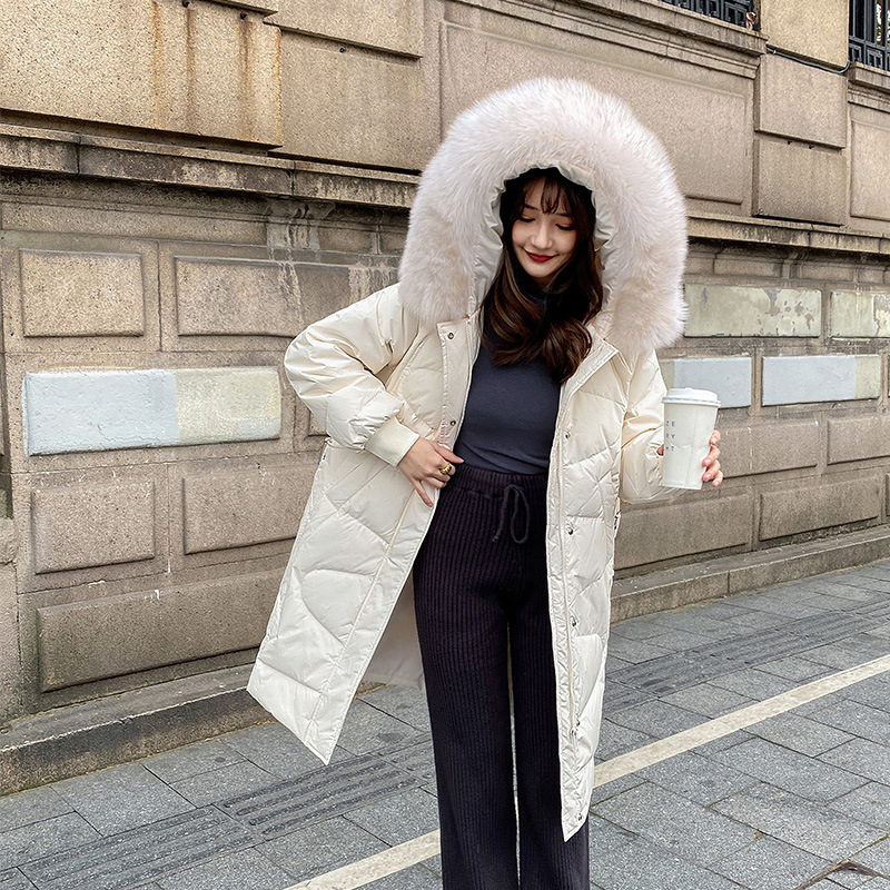 冬季大毛领加厚白鸭绒韩版羽绒服新款2021年女冬中长款宽松外套潮