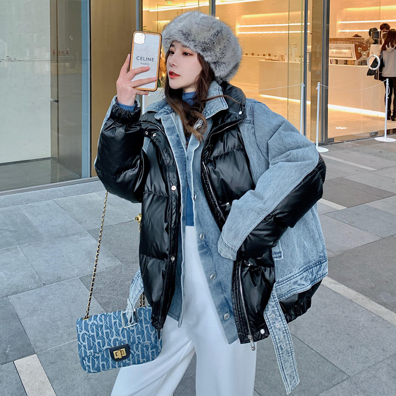 90白鸭绒牛仔拼接羽绒服女短款2021年冬季新款网红爆款加厚外套潮
