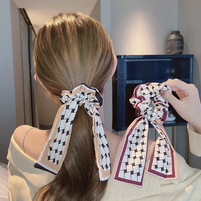 简易款格子法式飘带丝巾发带女绑发简约韩系扎头发的发圈