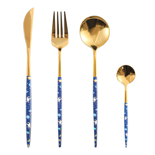 [huilin] creative blue starry sky theme western tableware hotel household main meal knife， fork and spoon travel student suit