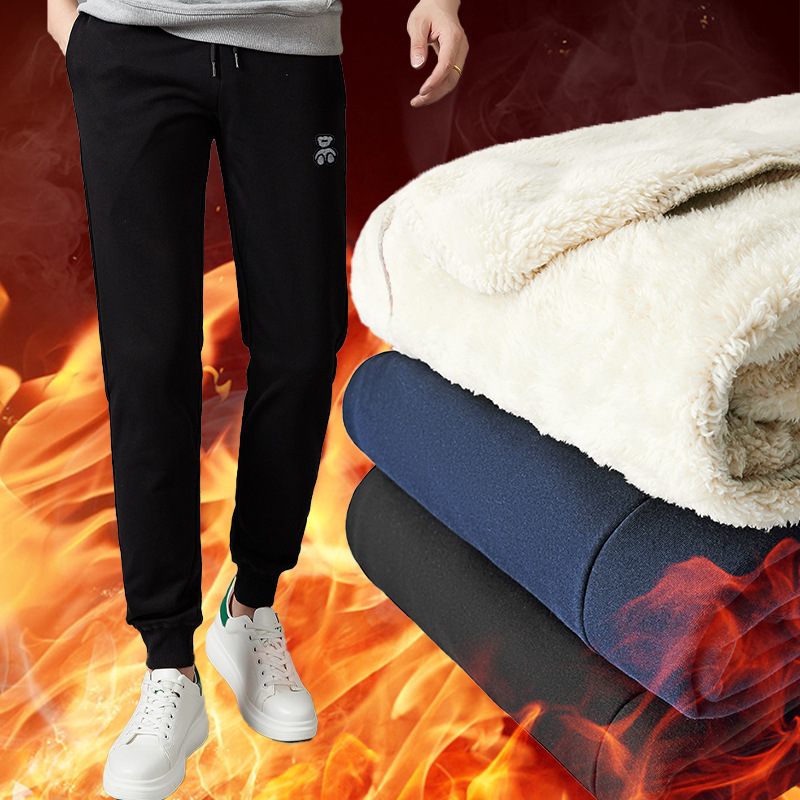 羊羔绒卫裤男长裤大码黑色现货纯色休闲中腰棉宽松休闲裤男裤子