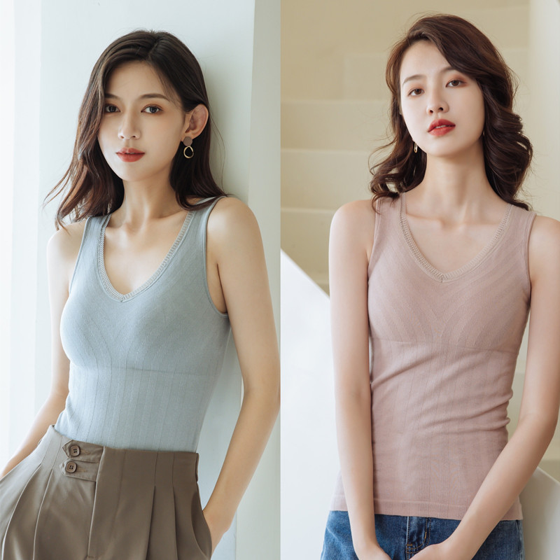 【秋上新】立体毛圈保暖背心条纹蕾丝V领带杯贴身保暖内衣