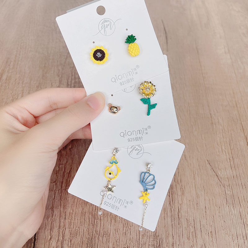 耳环设计ins风不对称银针可爱向日葵菠萝小熊海洋鱼贝壳甜美减龄