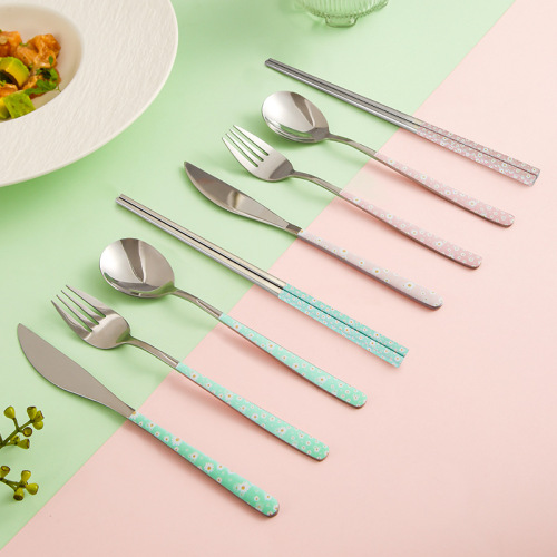 [huilin] stainless steel korean style knife， fork and spoon chopsticks fresh little daisy hotel household travel student tableware