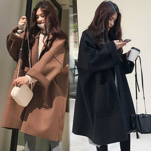 Hepburn Style Mid-Length Woolen Coat for Female Students Autumn and Winter Loose Large Size Lazy Windbreaker Cape Woolen Coat Thin