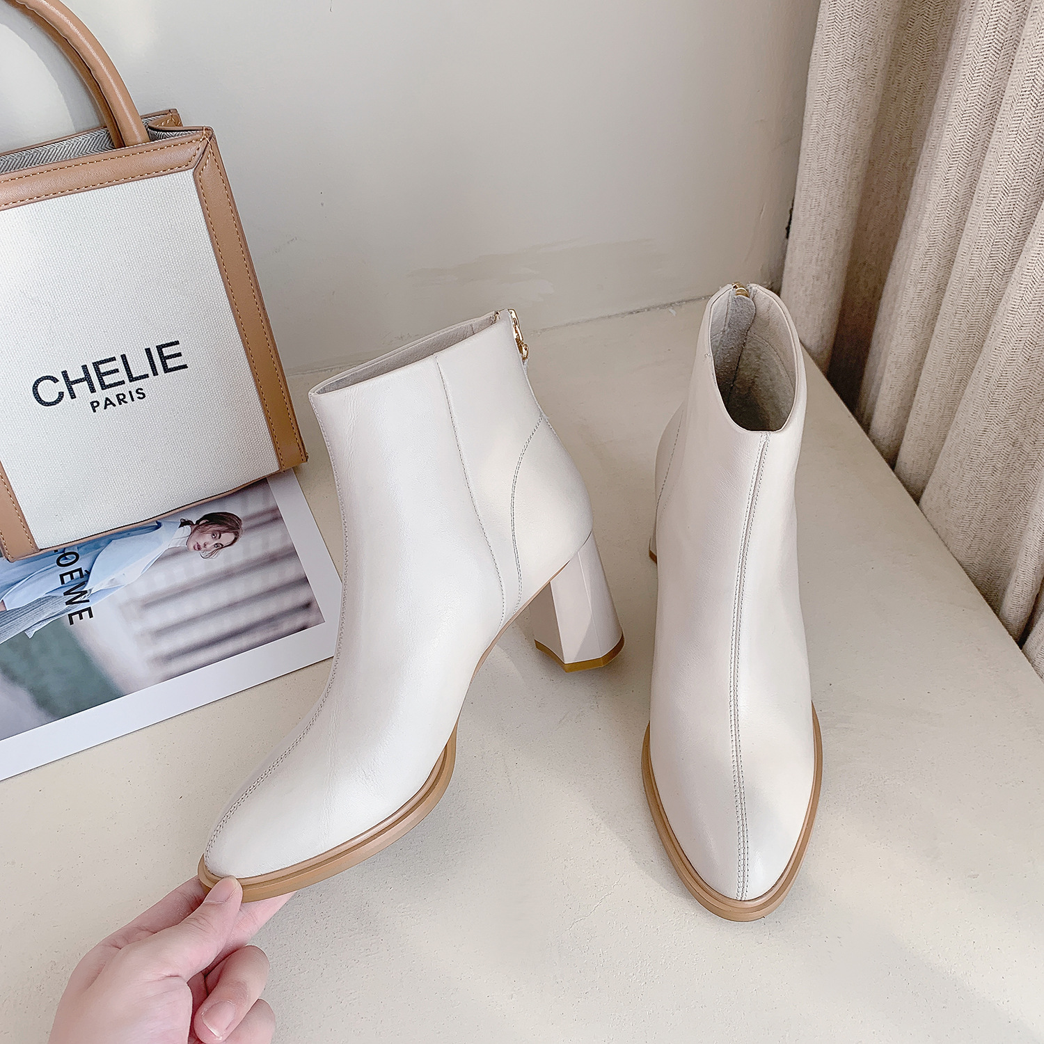 头层牛皮短靴女202秋冬新款后拉链粗跟时装皮靴一件代发女式靴子