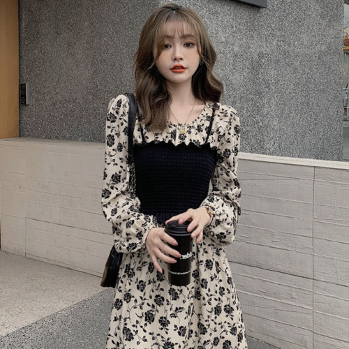 korean style design mid-length first love strap floral dress women‘s spring and autumn salt sweet temperament two-piece suit