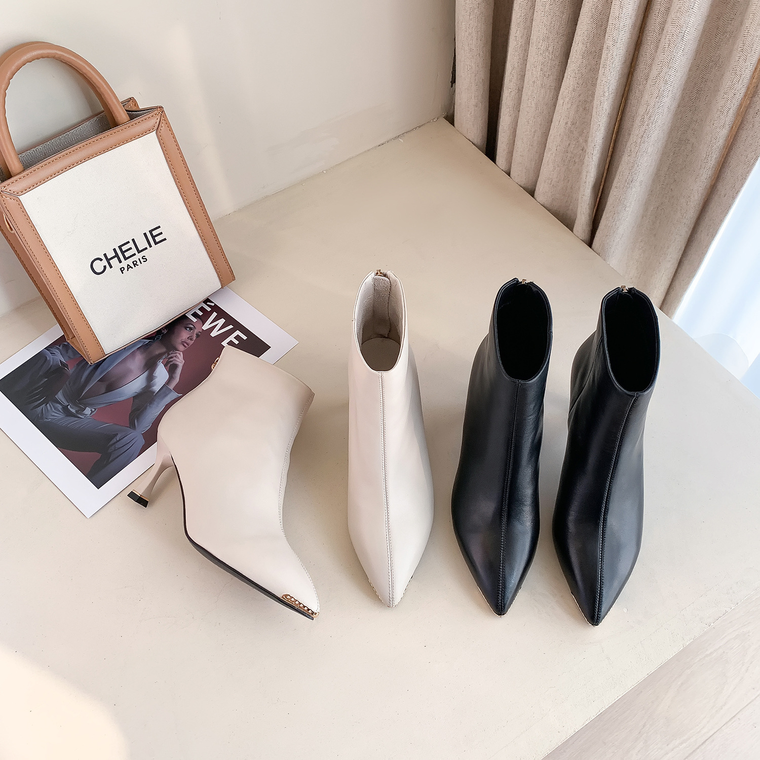 头层牛皮时装靴女202秋冬新款尖头低筒高跟短靴一件代发女式皮靴