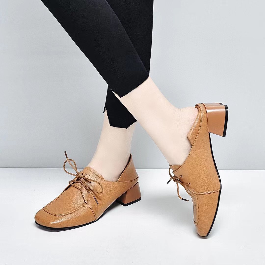 女鞋202秋季新款平底小皮鞋舒适羊皮英伦风系带单鞋方头两穿单鞋