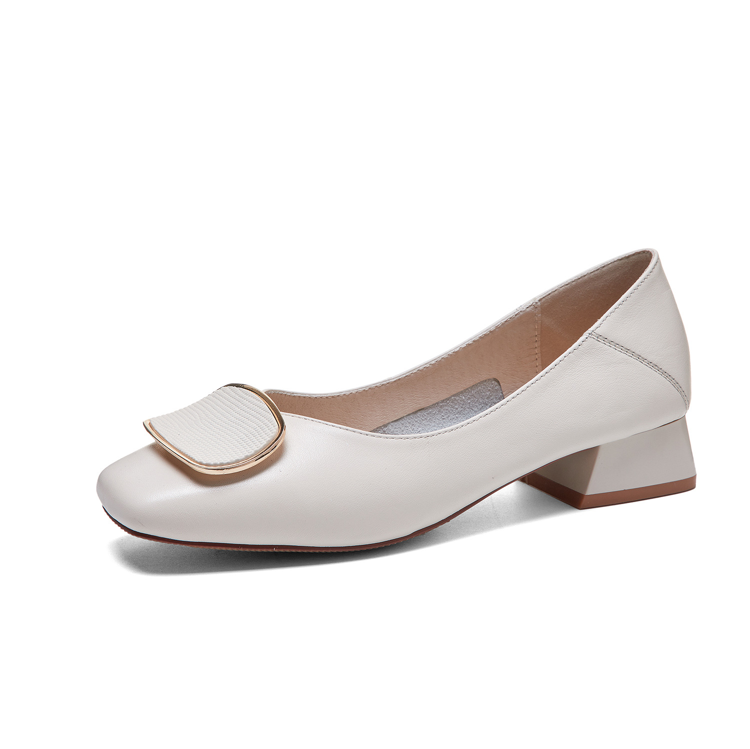 夏季头层牛皮乐福鞋女202新款浅口方扣黑色中跟休闲单鞋一件代发