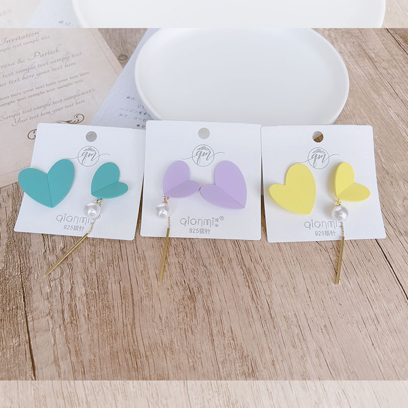 耳环设计ins风银针珍珠耳钉折叠爱心不对称彩色简约活泼甜美可爱