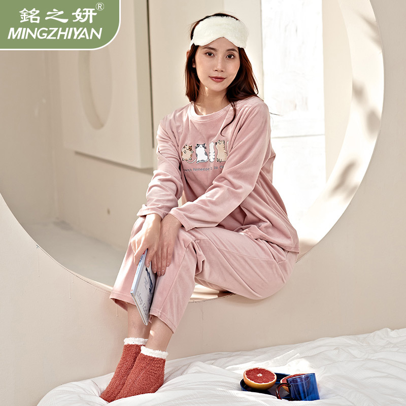 21铭之妍冬季棉贝绒新款猫咪睡衣女士可爱套头保暖家居服睡衣少女