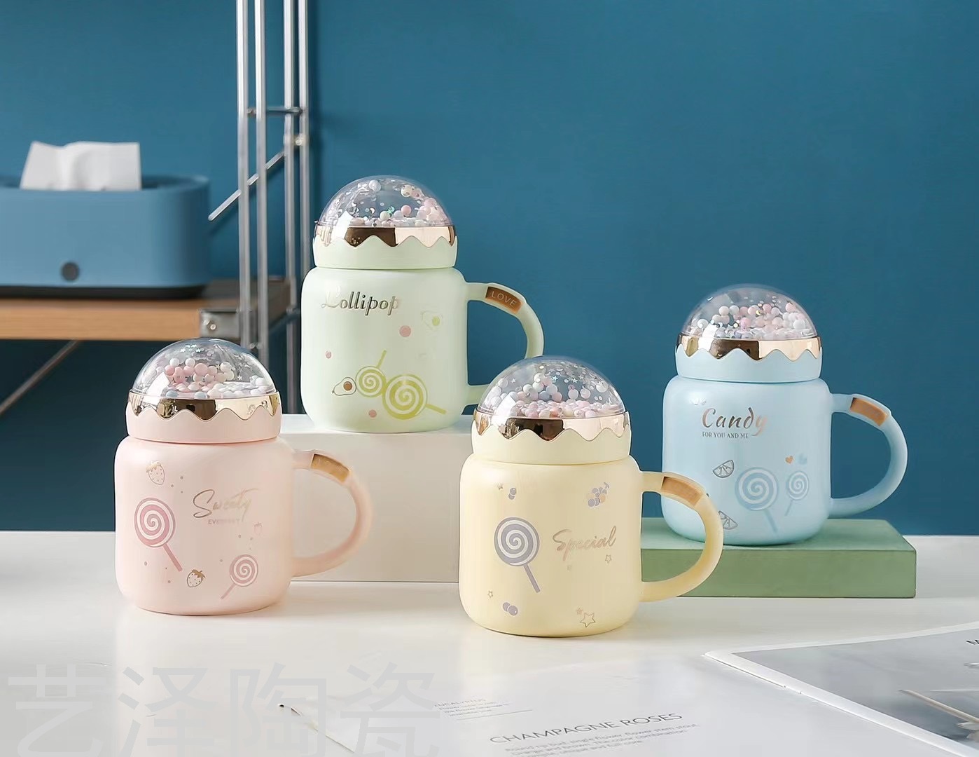 景观杯子卡通棒棒糖陶瓷杯带盖子马卡龙色杯具礼品杯咖啡杯茶杯
