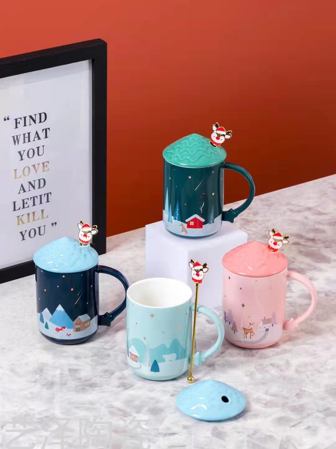 创意圣诞陶瓷杯带盖勺水杯可爱马克杯时尚咖啡杯
