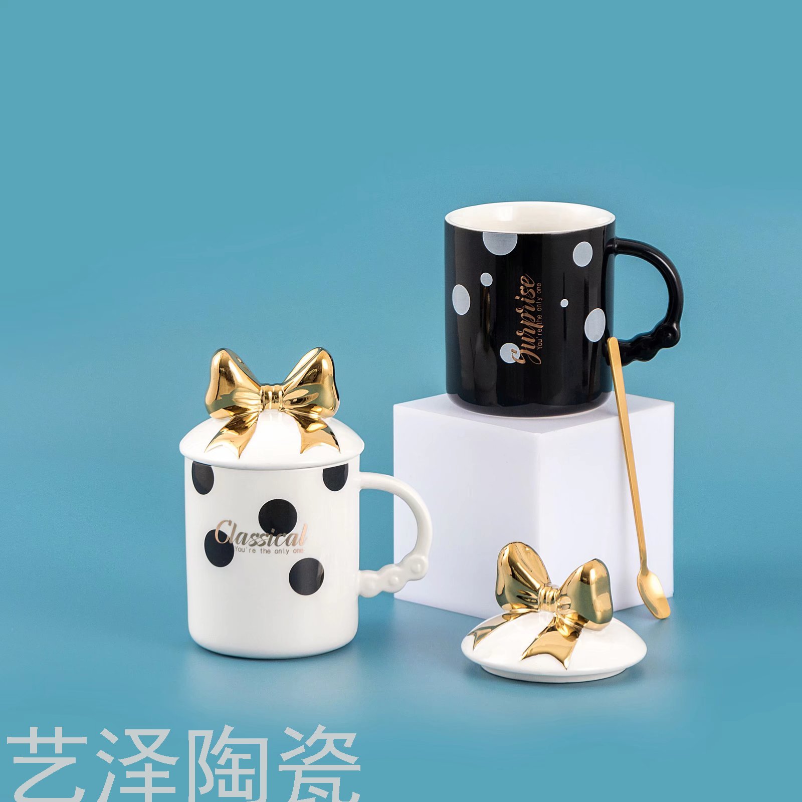 创意蝴蝶结波点陶瓷杯带盖马克杯时尚水杯