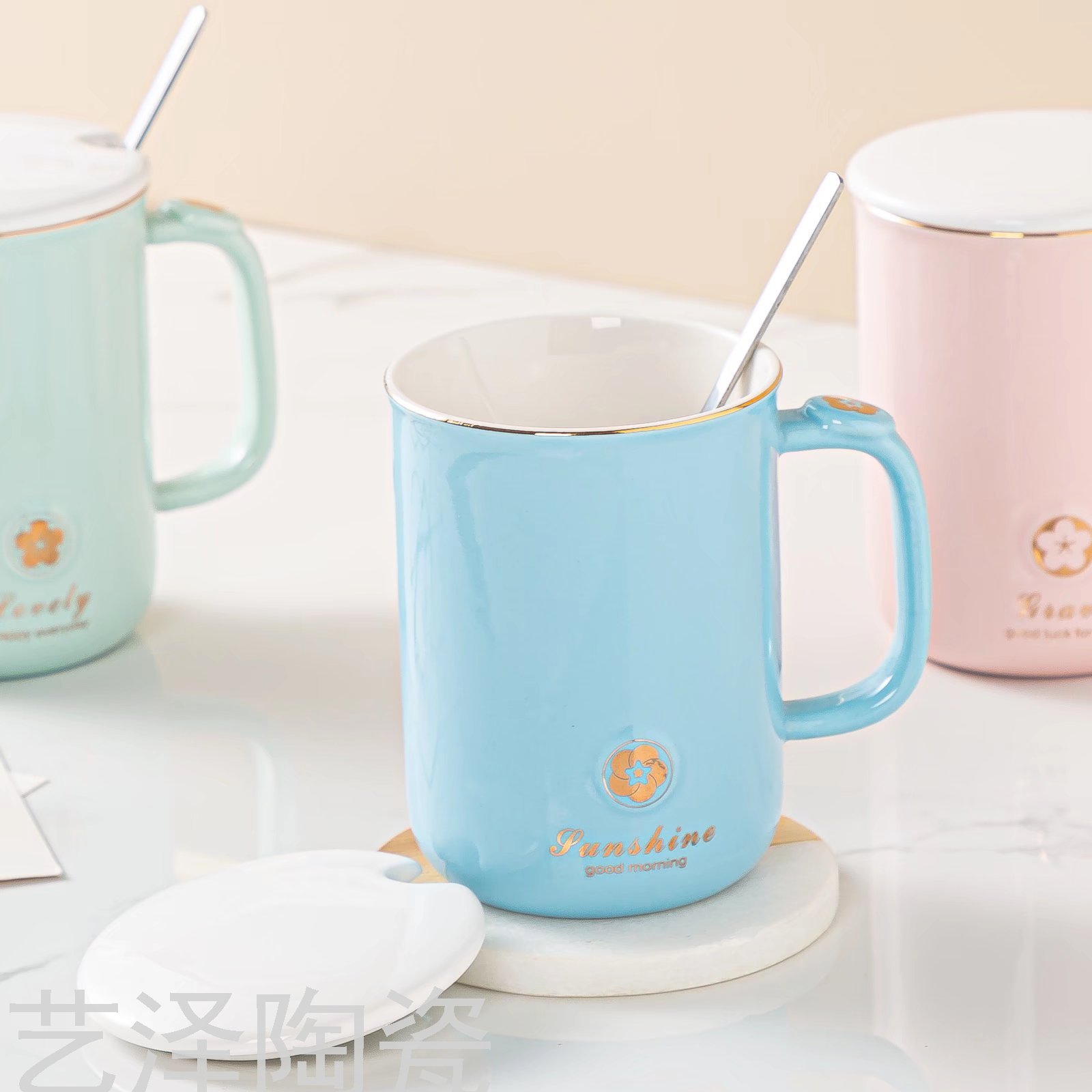 浮雕烫金小花陶瓷杯色釉水杯带盖勺马克杯大容量咖啡杯