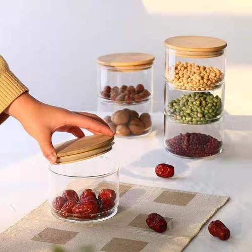 borosilicate transparent glass sealed storage tank bamboo and wood cover multi-layer grain storage bowl household salad bowl