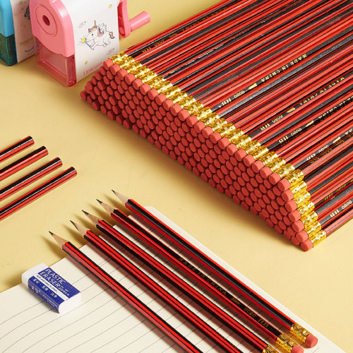 hb & 2b pencil red rod continuous core hexagonal pencil elementary school student writing exam with leather head pencil learning stationery