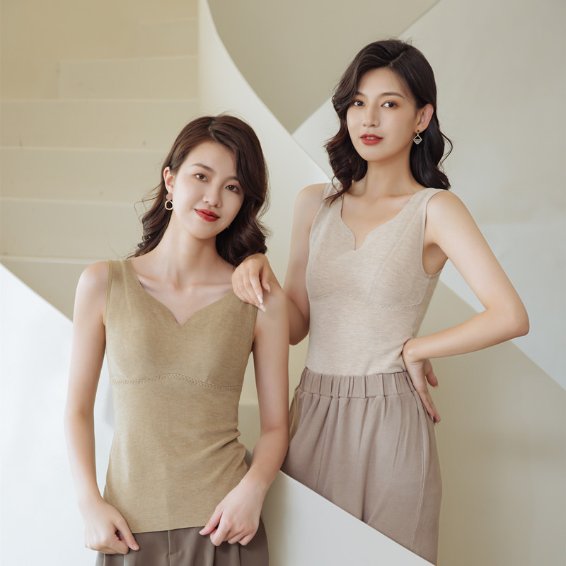 【秋上新】海鸥花边V领保暖内衣带杯德绒保暖背心羊毛蚕丝