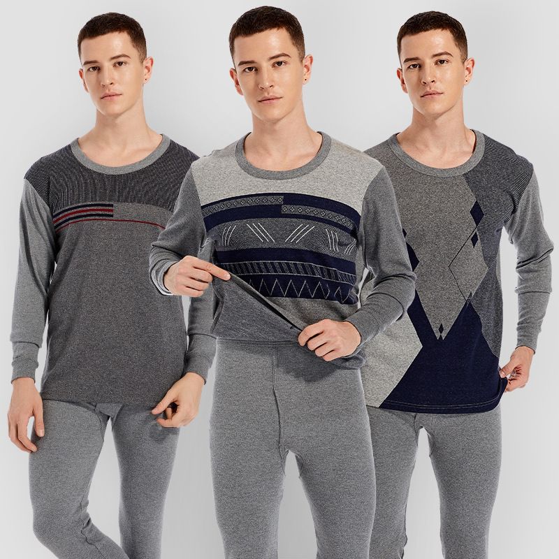 新款盒装 纯棉提花男士秋衣秋裤 圆领修身中厚款保暖内衣套装批发