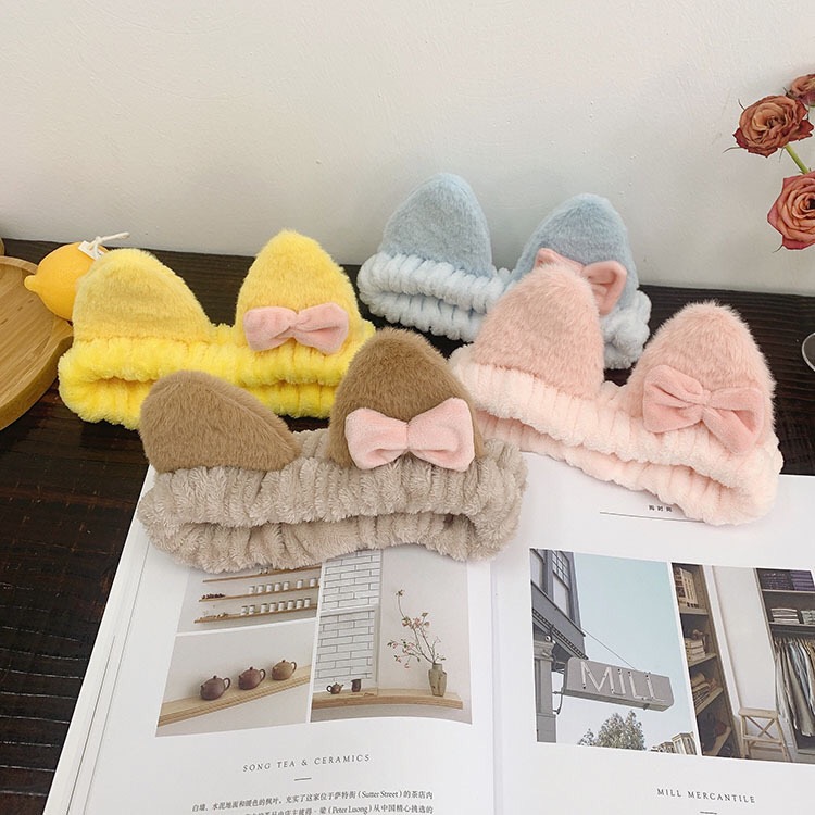 2021新款韩版可爱猫耳朵毛绒蝴蝶结洗脸发带弹力宽边松紧简约发饰