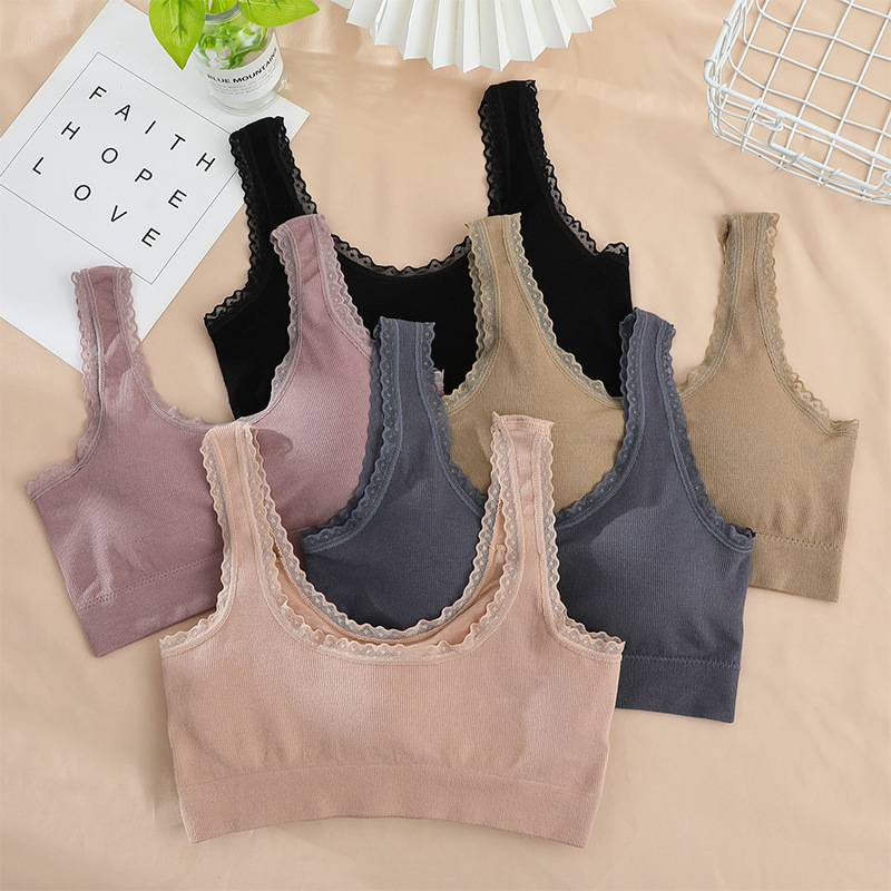 胖m大码螺纹棉无缝蕾丝边美背内衣女性感细腻大u裹胸带乳胶碗胸垫