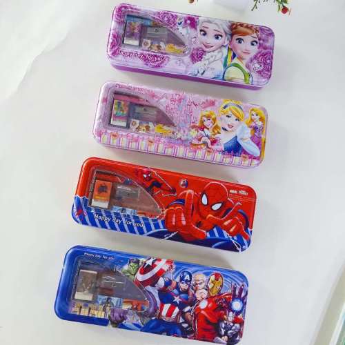 Customized Cartoon Double-Layer Stationery Box Iron Pencil Box Student Stationery Set Children Large Capacity Pen Case Office Supplies