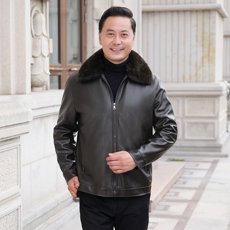 秋冬皮衣男翻领加绒加厚皮夹克中老年可拆卸毛领皮茄克PU皮爸爸装