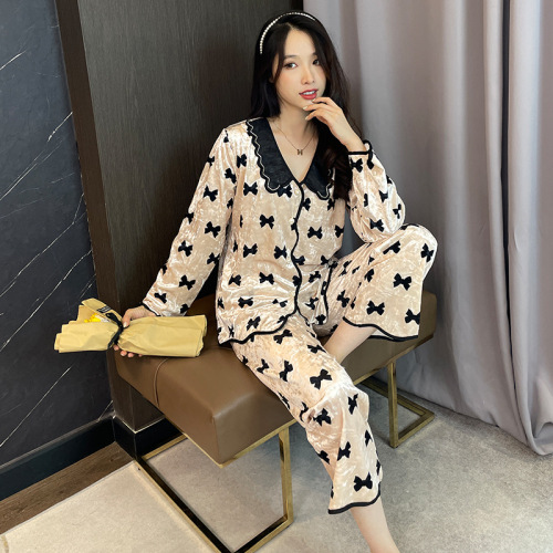 Gold Velvet Pajamas Women‘s Butterfly Pattern Cute Pajamas TikTok Hot Long-Sleeved Trousers Women‘s Pajamas