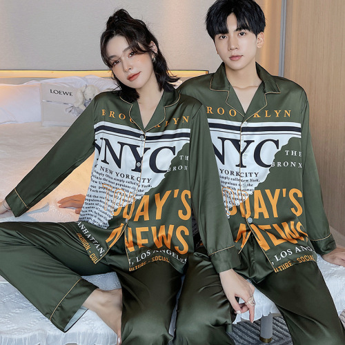 Autumn New Couple Pajamas Women‘s Thin Long-Sleeved Cardigan Letter Ice Silk Two-Piece Suit Large Size Fashion Men‘s Pajamas