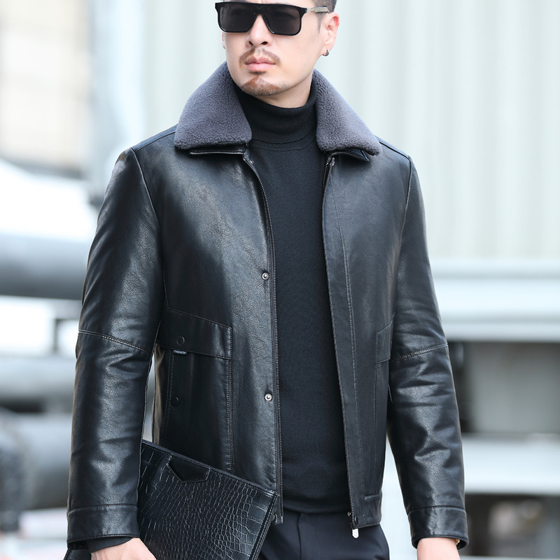 皮衣男真皮羽绒服中年休闲加绒绵羊皮皮夹克纯色翻领加厚外套冬潮