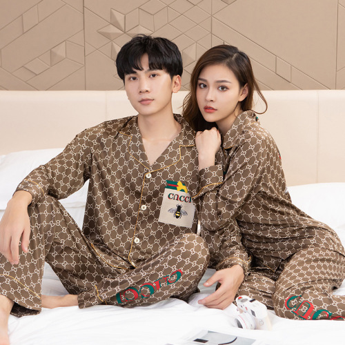 New Couple Pajamas Autumn and Winter Ice Silk Thin Fashion Printing Suit Can Be Worn outside Ladies Casual Homewear